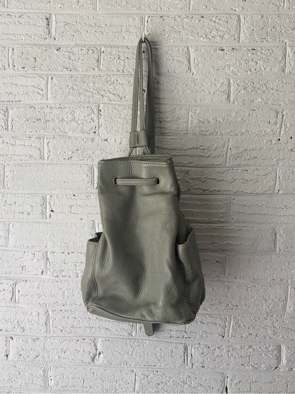Gray/Green  Leather Backpack Tote - Minimal Drawstring Style